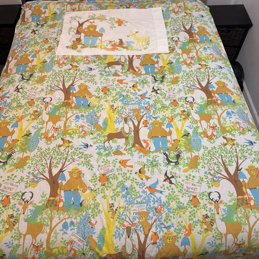 Vintage Fieldcrest Ideal Smokey the Bear Twin Flat Sheet Pillowcase Pillow Case
